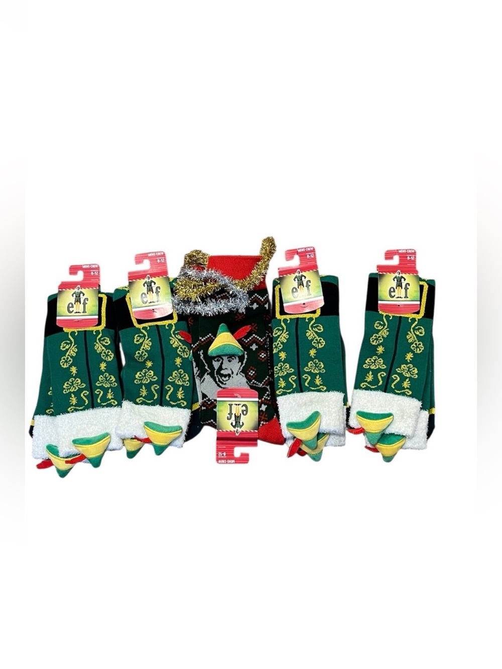 5 Pair Bundle -Elf  3D Costume Design Felt Hat Hunter Green Crew Sock Size: 8-12